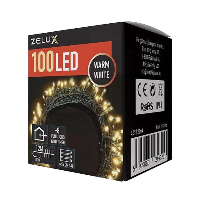 Fényfüzér 100LED 8 funkciós, 12m elemes